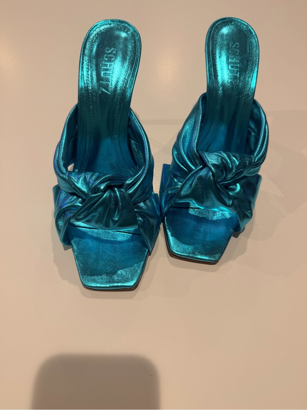 SCHUTZ Metallic Teal Knot Slip-On Heels - Picture 2 of 10